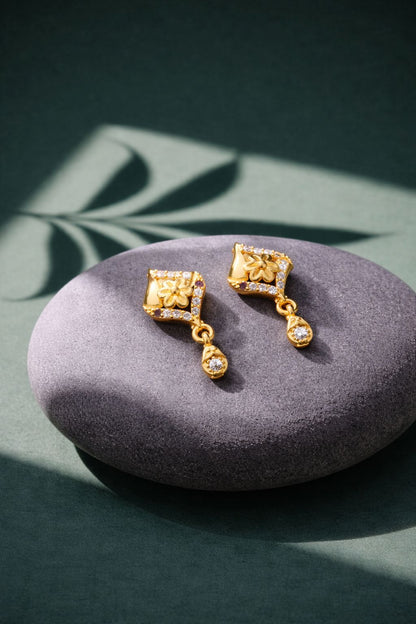 Elegant Gold Floral CZ Drop Earrings with Ruby Accent
