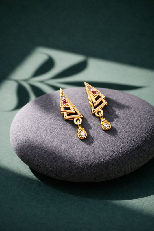 Elegant Gold Triangle CZ Drop Earrings with Ruby Accent