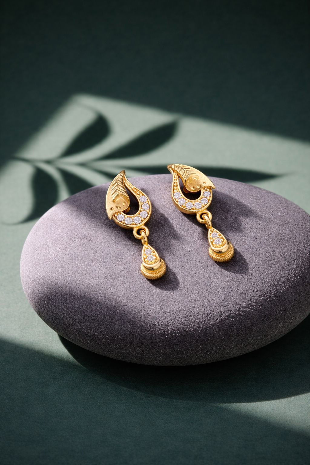 Elegant Gold Leaf CZ Drop Earrings