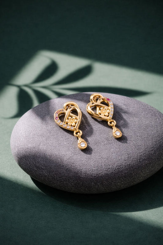 Elegant Gold Heart Floral CZ Drop Earrings
