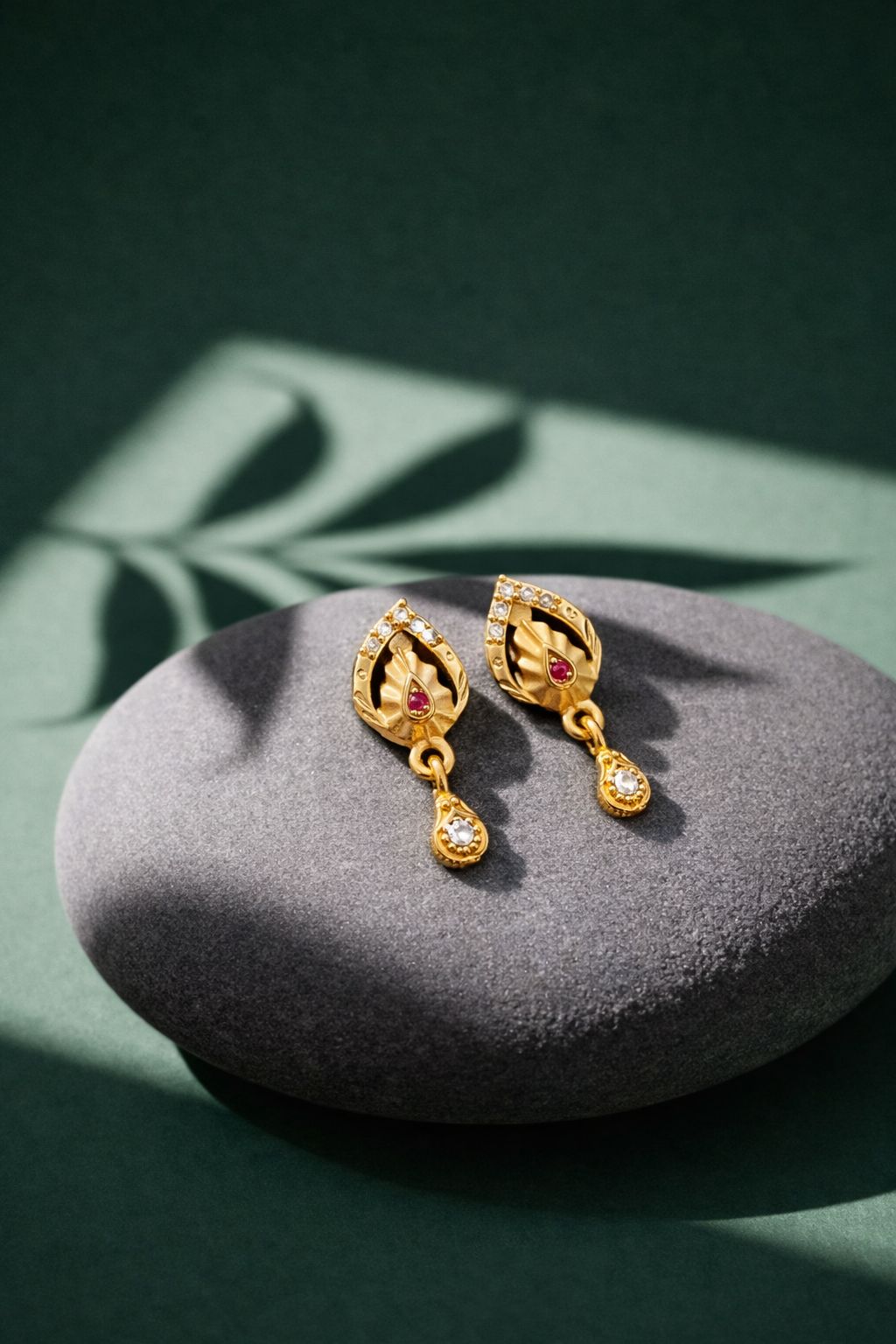 Elegant Gold Leaf Floral CZ Drop Earrings with Ruby Accent