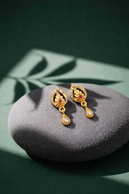 Elegant Gold Leaf Floral CZ Drop Earrings with Ruby Accent