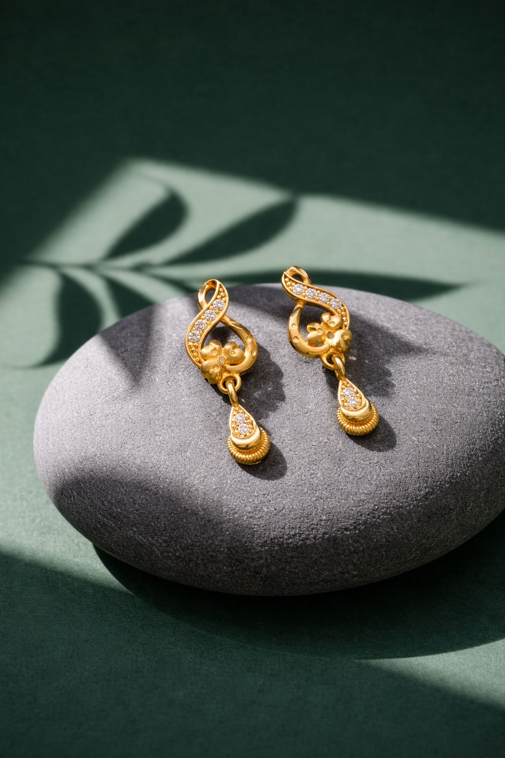 Elegant Gold Floral CZ Drop Earrings with Designer Curve