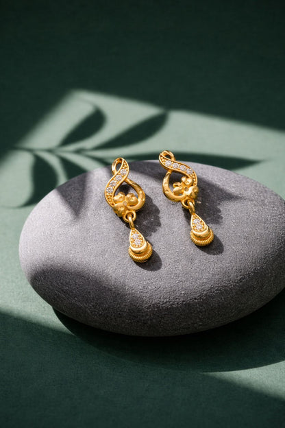 Elegant Gold Floral CZ Drop Earrings with Designer Curve