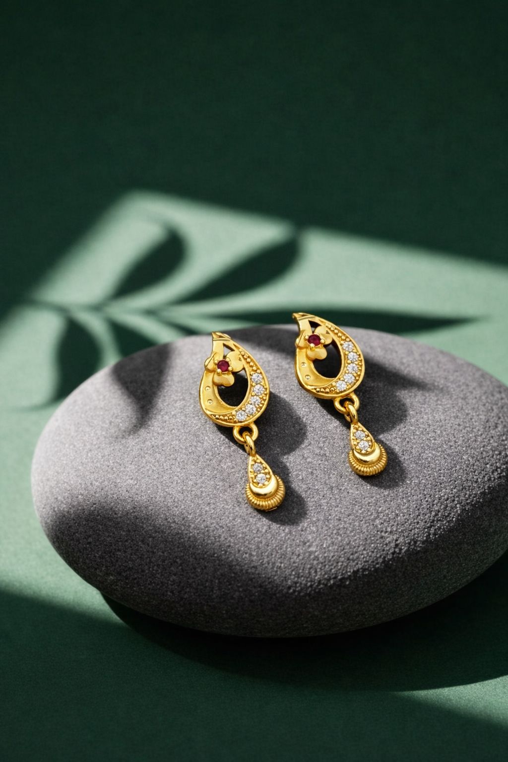 Elegant Gold Teardrop Floral CZ Drop Earrings with Ruby Accent