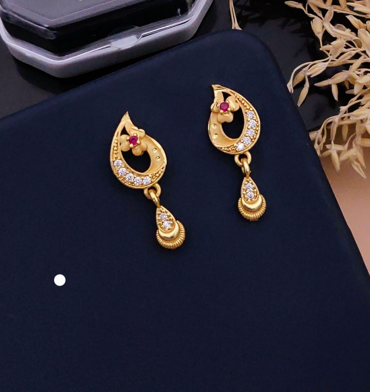 Elegant Gold Teardrop Floral CZ Drop Earrings with Ruby Accent