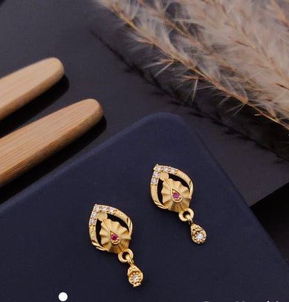 Elegant Gold Leaf Floral CZ Drop Earrings with Ruby Accent