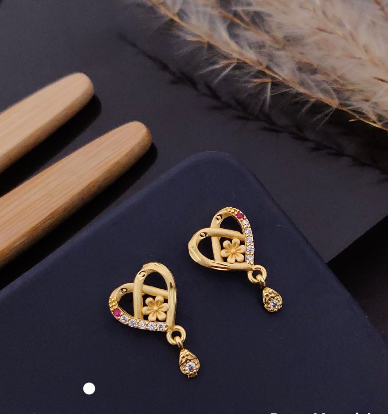 Elegant Gold Heart Floral CZ Drop Earrings
