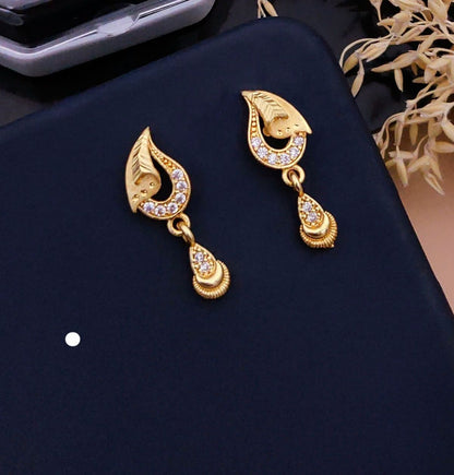 Elegant Gold Leaf CZ Drop Earrings