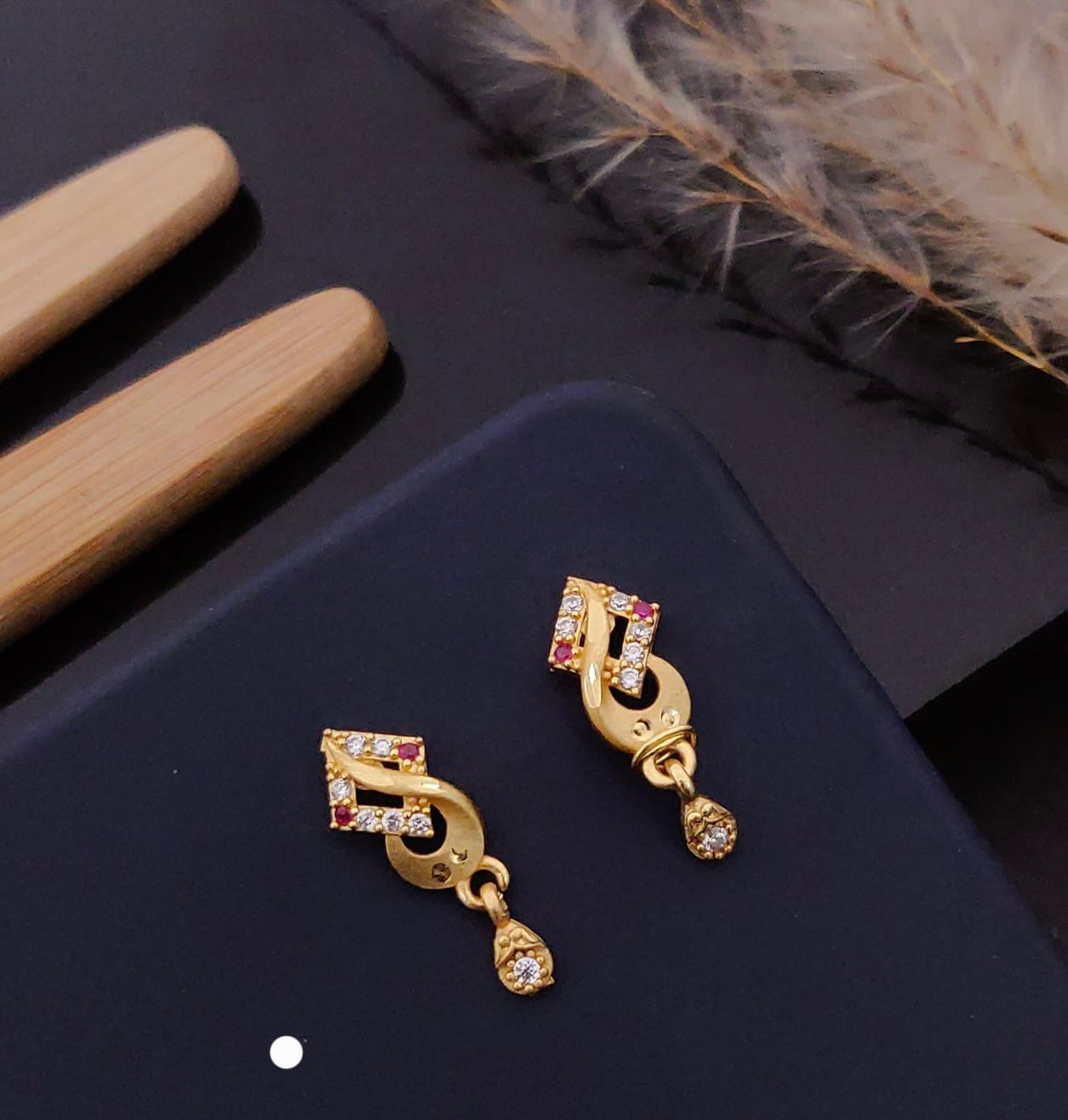 Elegant Gold Geometric CZ Drop Earrings with Ruby Accent