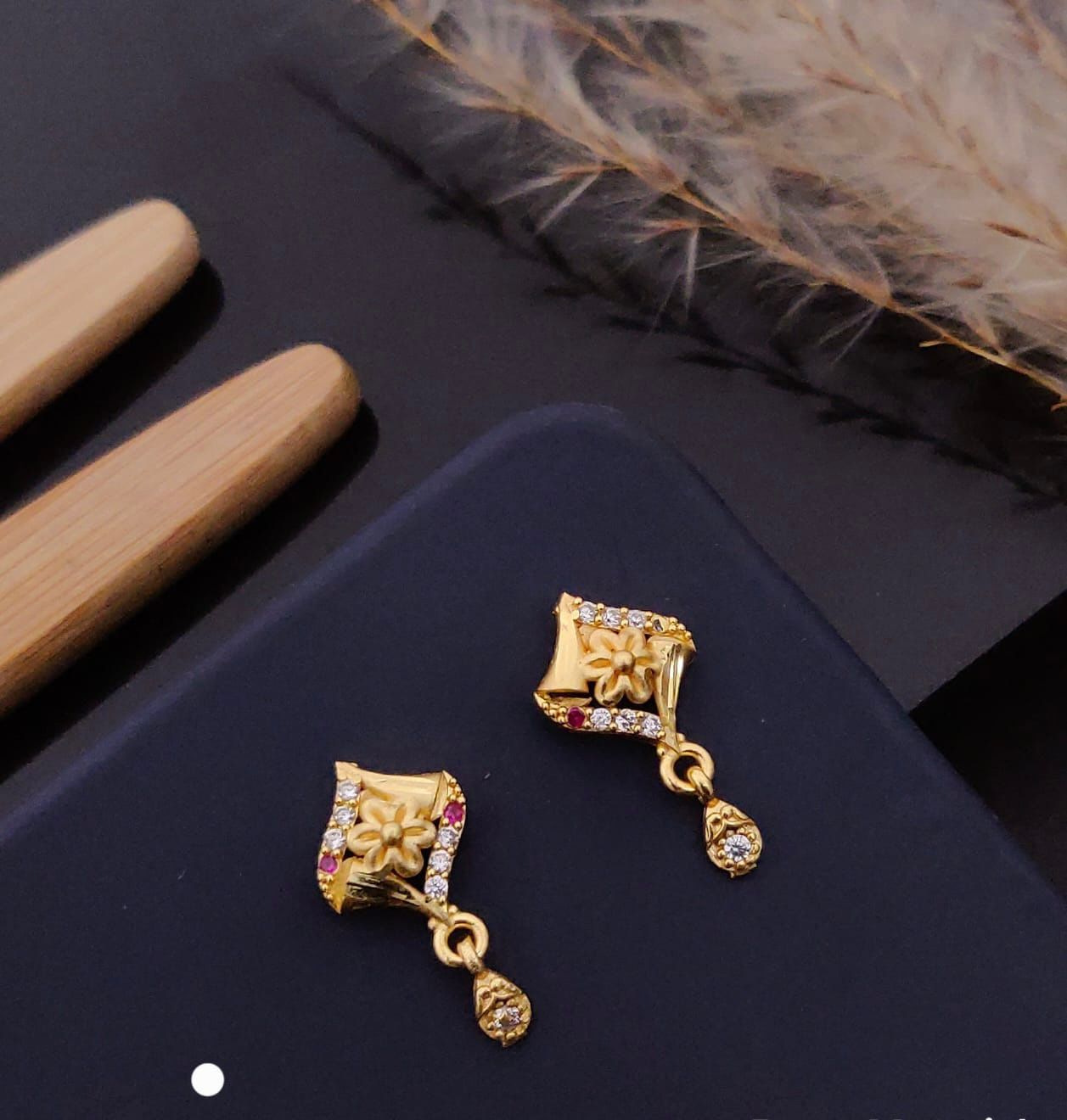 Elegant Gold Floral CZ Drop Earrings with Ruby Accent
