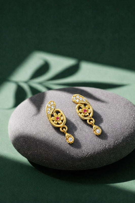 Elegant Gold Floral CZ Designer Drop Earrings