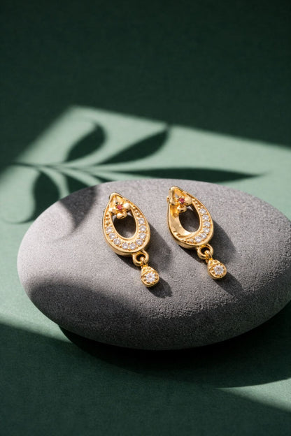 Elegant Gold Crescent Floral CZ Drop Earrings