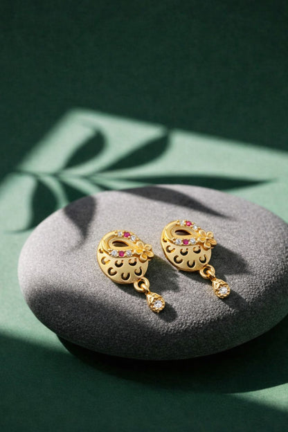 Elegant Gold Floral Cutwork CZ Designer Drop Earrings