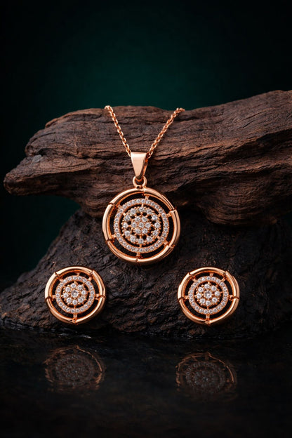 Elegant Rose Gold Round Crystal Pendant Set with Matching Stud Earrings