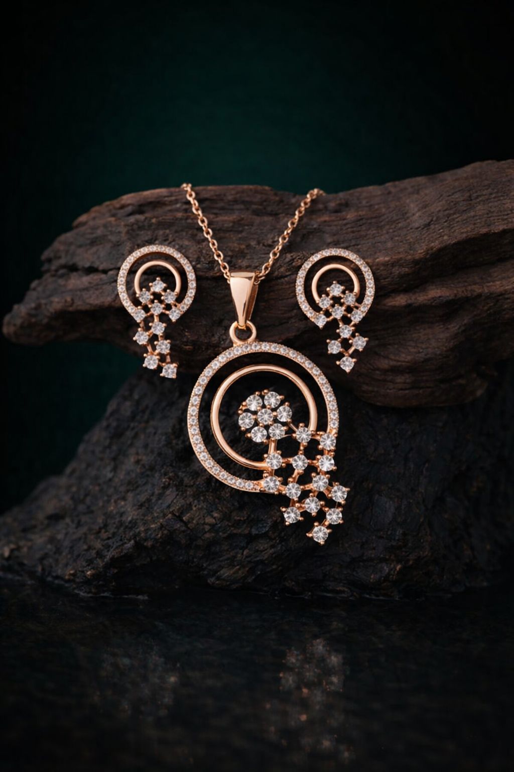 Elegant Rose Gold Circular Crystal Pendant Set with Matching Earrings