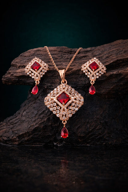 Royal Red Stone Gold-Plated Pendant Set with Crystal Detailing