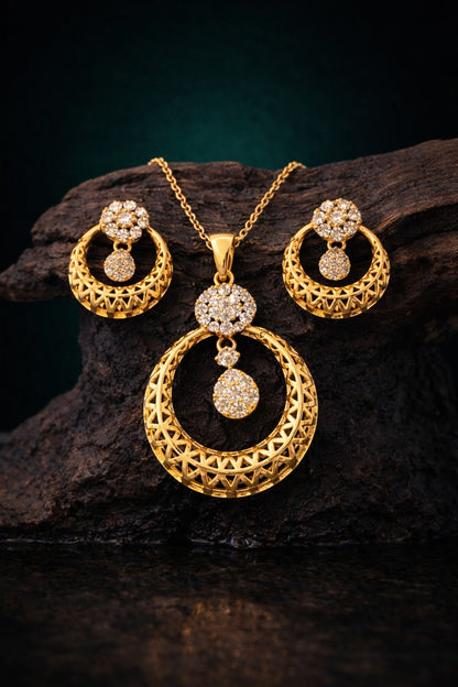 Elegant Gold-Plated Circular Pendant Set with Sparkling Stones