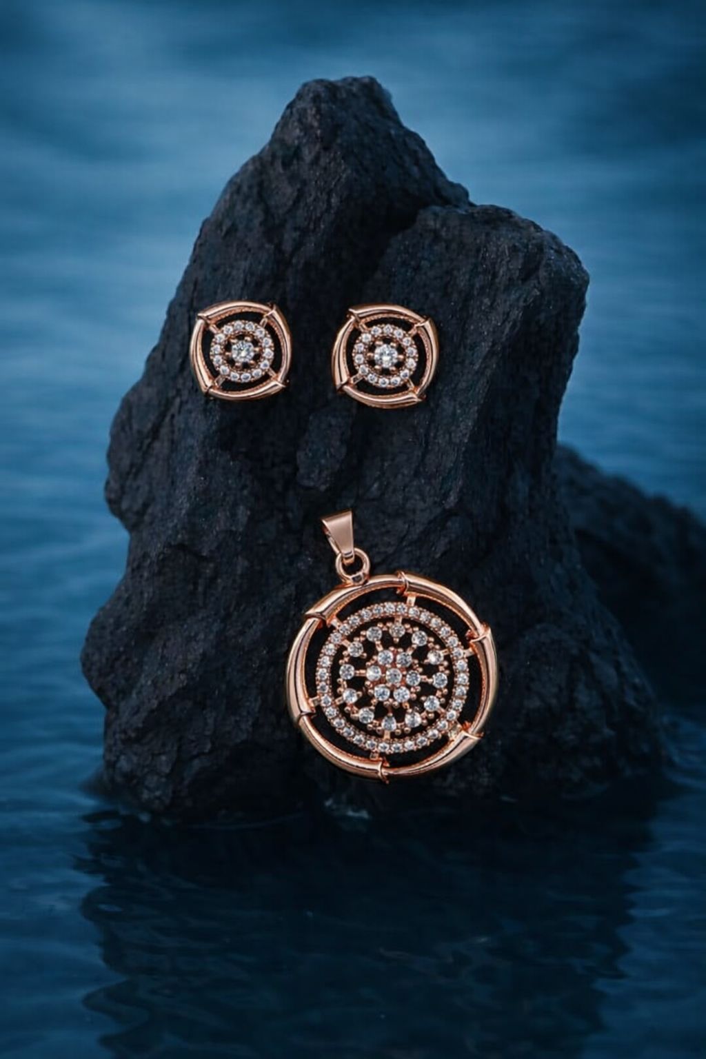 Elegant Rose Gold Round Crystal Pendant Set with Matching Stud Earrings