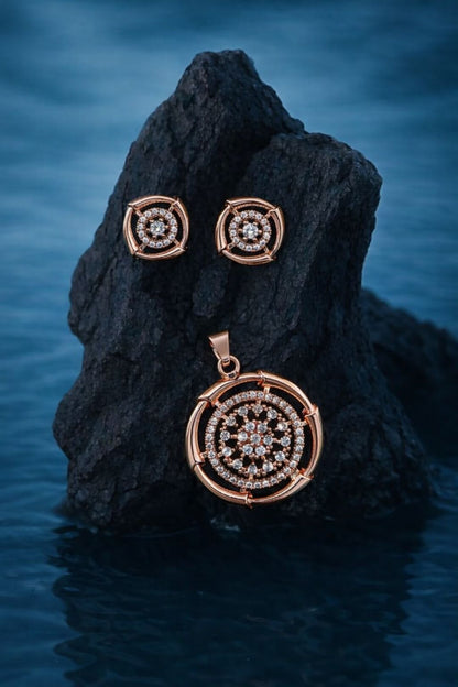 Elegant Rose Gold Round Crystal Pendant Set with Matching Stud Earrings