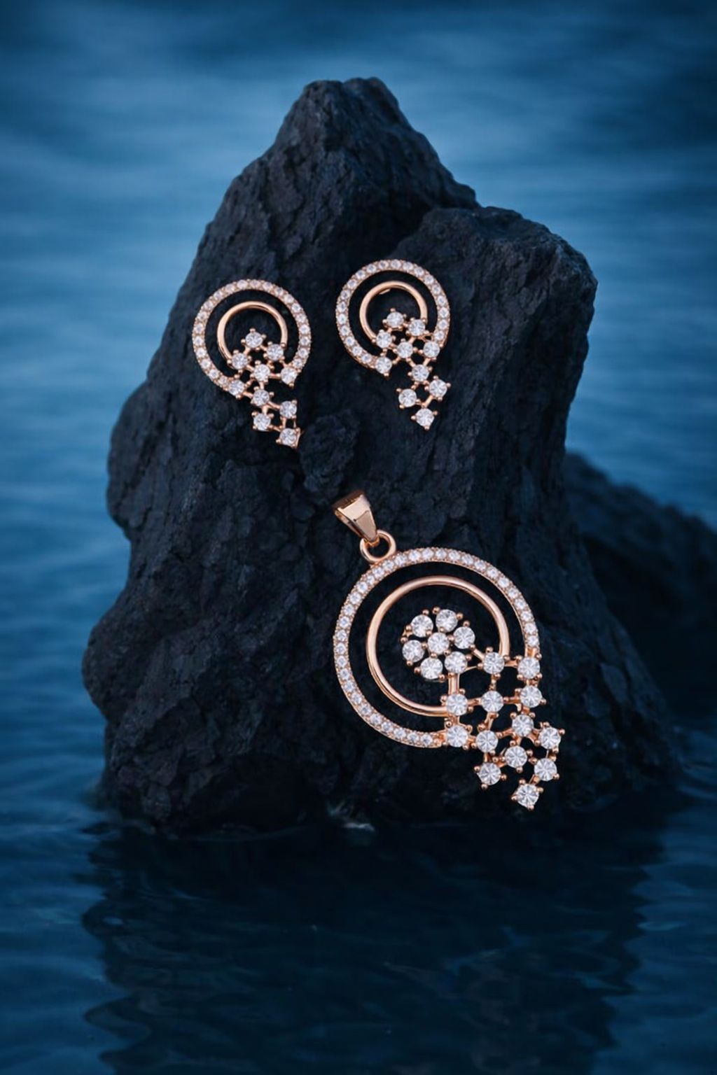 Elegant Rose Gold Circular Crystal Pendant Set with Matching Earrings