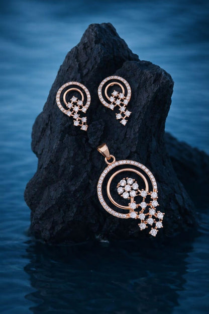 Elegant Rose Gold Circular Crystal Pendant Set with Matching Earrings