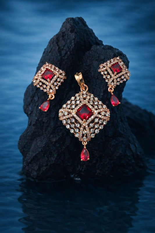 Royal Red Stone Gold-Plated Pendant Set with Crystal Detailing