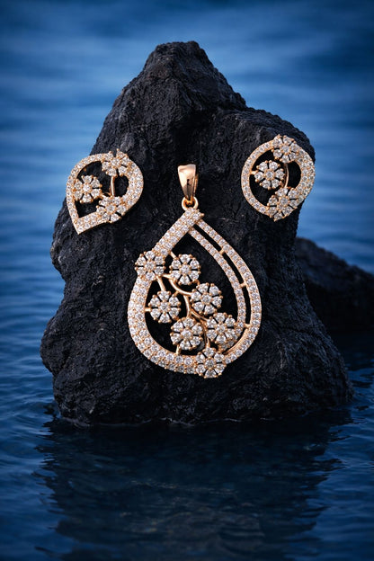 Elegant Floral Teardrop Gold-Plated Pendant Set with Sparkling Stones