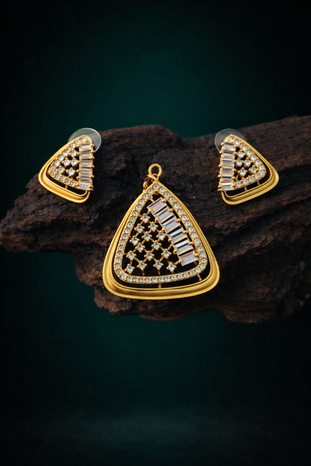 Stylish Gold-Plated Triangle Crystal Pendant Set with Matching Earrings