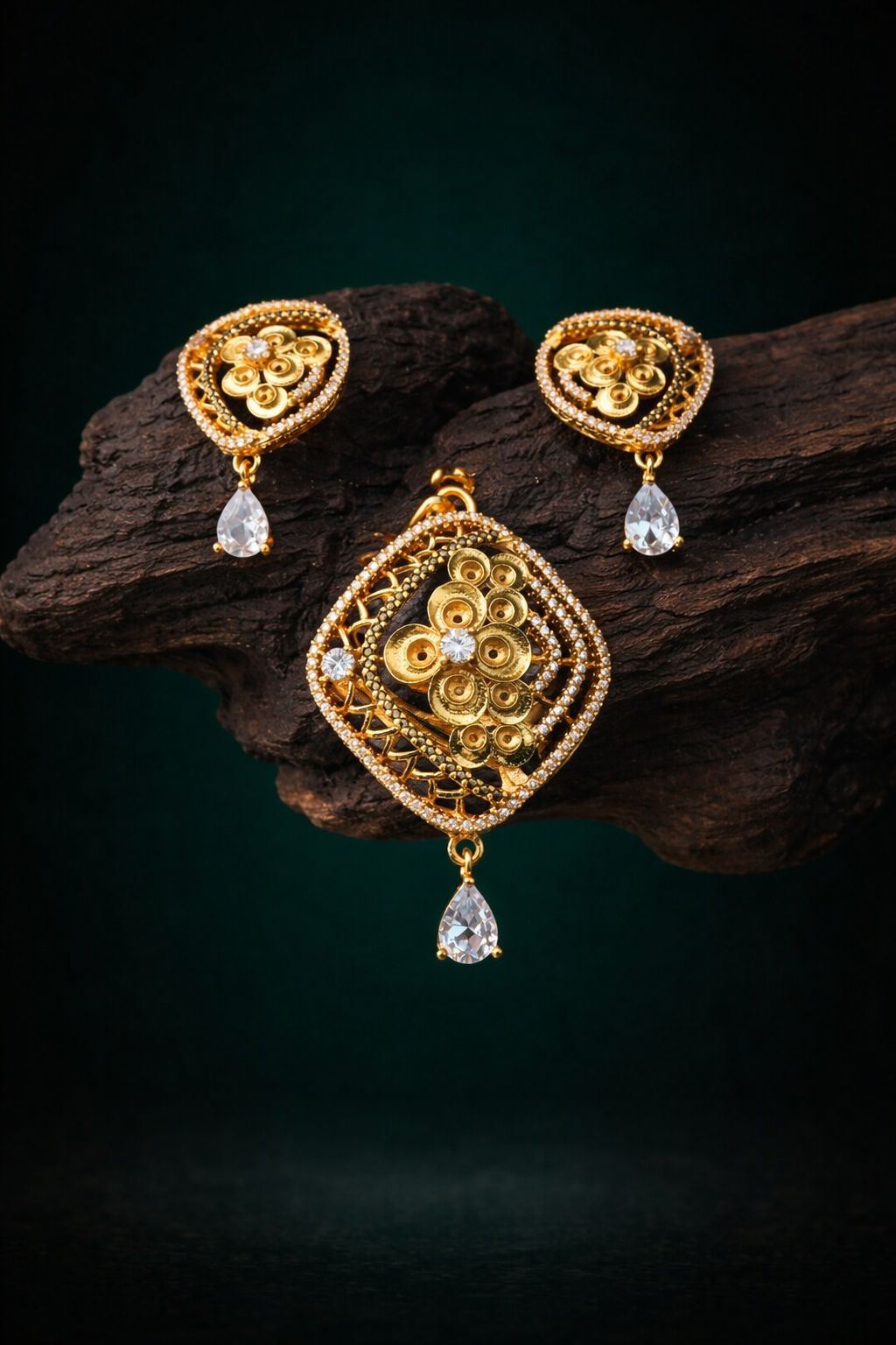Traditional Floral Gold-Plated Pendant Set with Crystal Drop Earrings