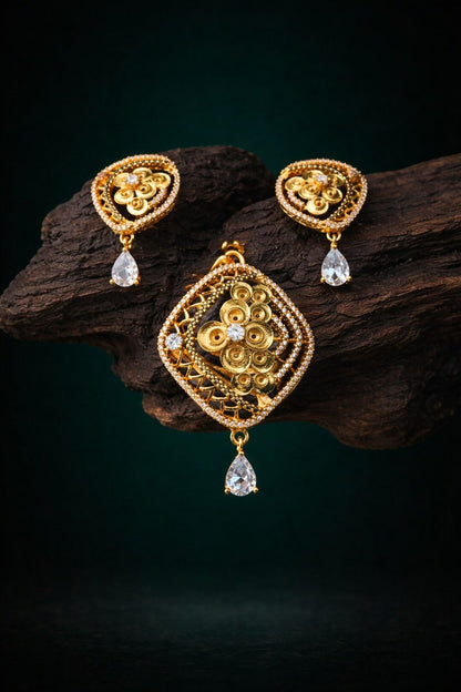 Traditional Floral Gold-Plated Pendant Set with Crystal Drop Earrings