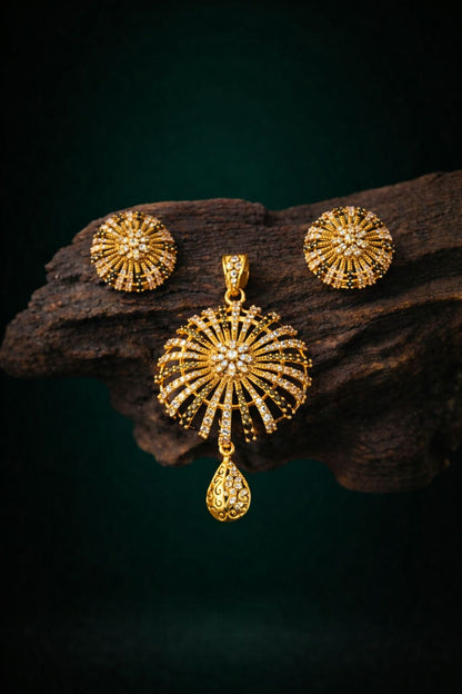 Royal Sunburst Gold-Plated Crystal Pendant Set with Matching Stud Earrings