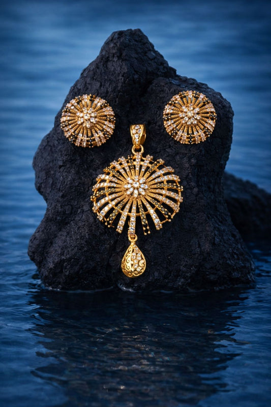 Royal Sunburst Gold-Plated Crystal Pendant Set with Matching Stud Earrings
