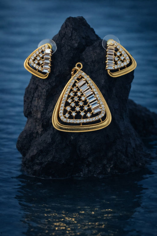Stylish Gold-Plated Triangle Crystal Pendant Set with Matching Earrings