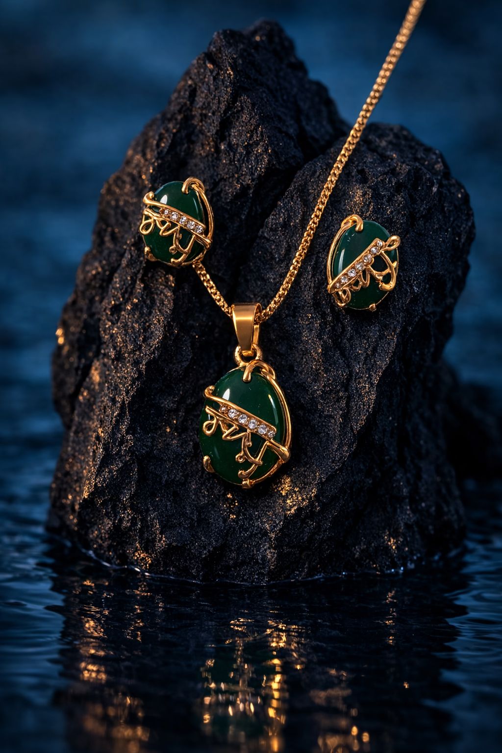 Elegant Green Stone Gold-Plated Pendant Set with Matching Stud Earrings