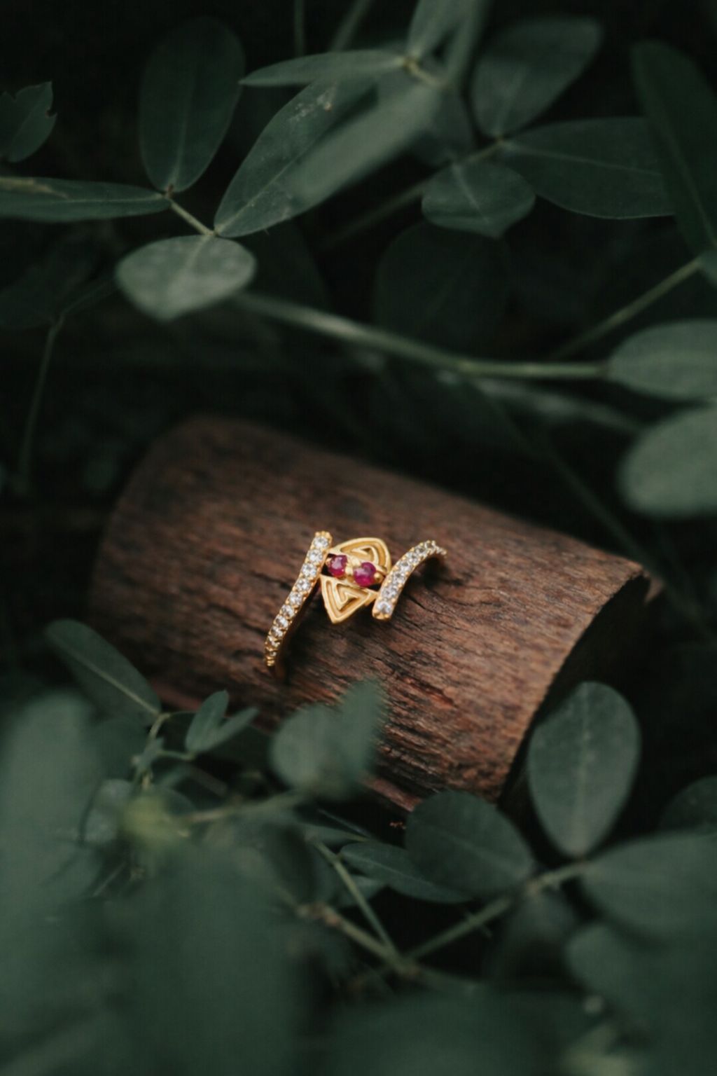 Designer Geometric Ruby Gold Ring with Diamond Accent Bands