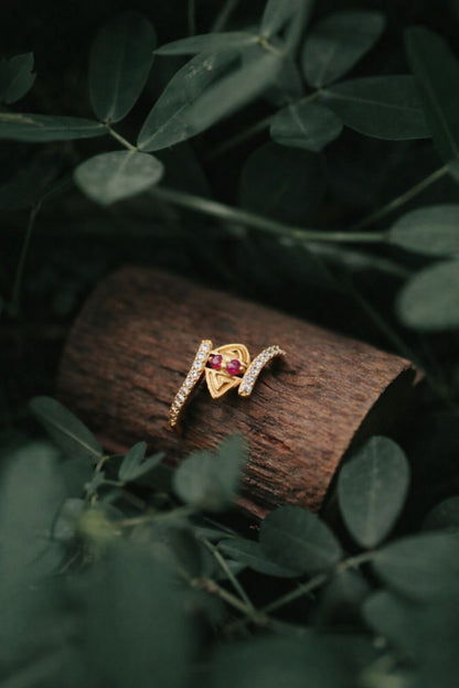 Designer Geometric Ruby Gold Ring with Diamond Accent Bands