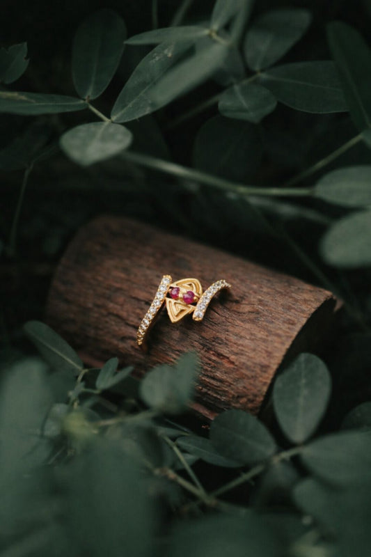 Designer Geometric Ruby Gold Ring with Diamond Accent Bands