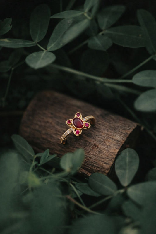 Elegant Floral Ruby Gold Ring with Diamond Accent Band