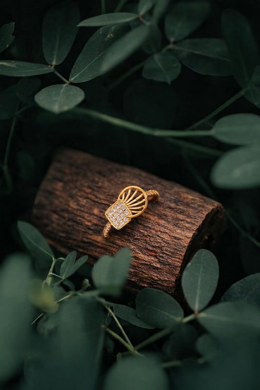 Geometric Sunray Gold Ring with Diamond Square Accent