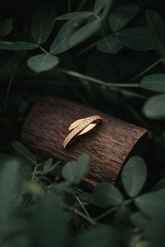 Modern Wave Design Gold Ring with Diamond Accent Band