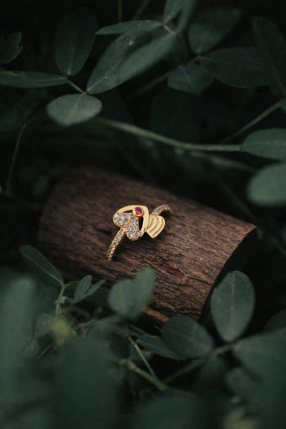 Designer Heart Shape Gold Ring with Ruby Stone and Diamond Accents