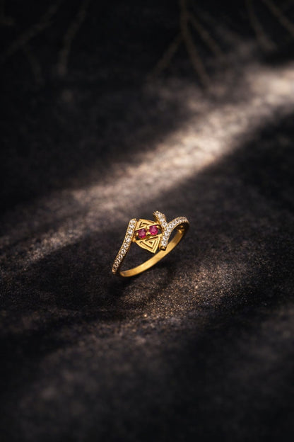 Designer Geometric Ruby Gold Ring with Diamond Accent Bands