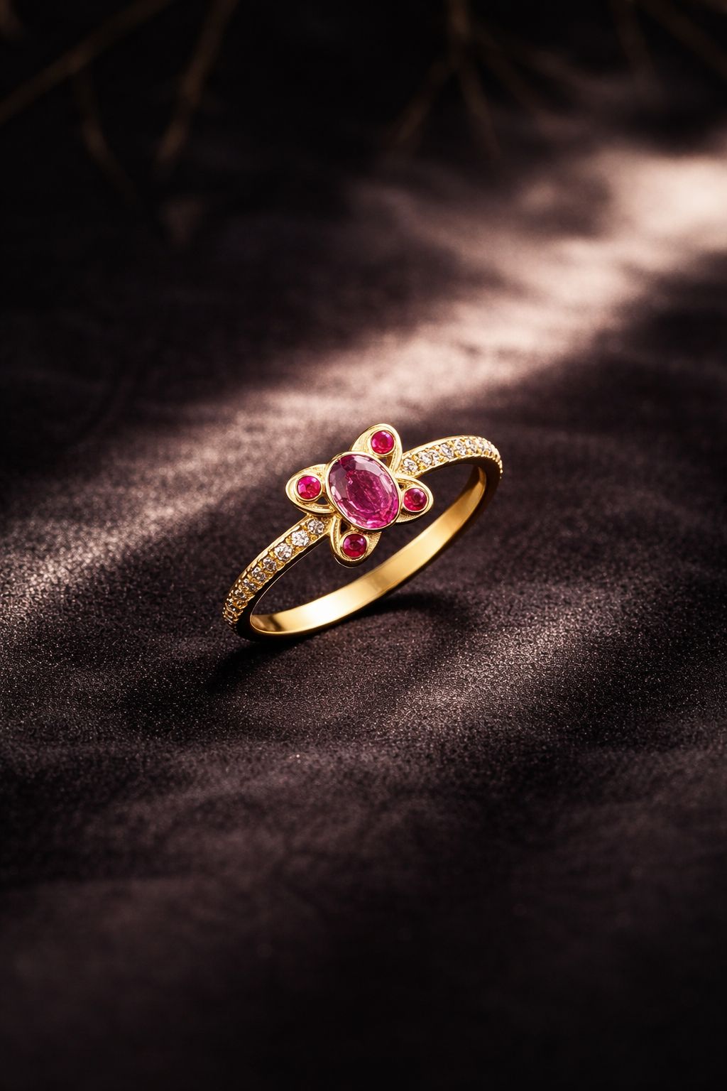 Elegant Floral Ruby Gold Ring with Diamond Accent Band