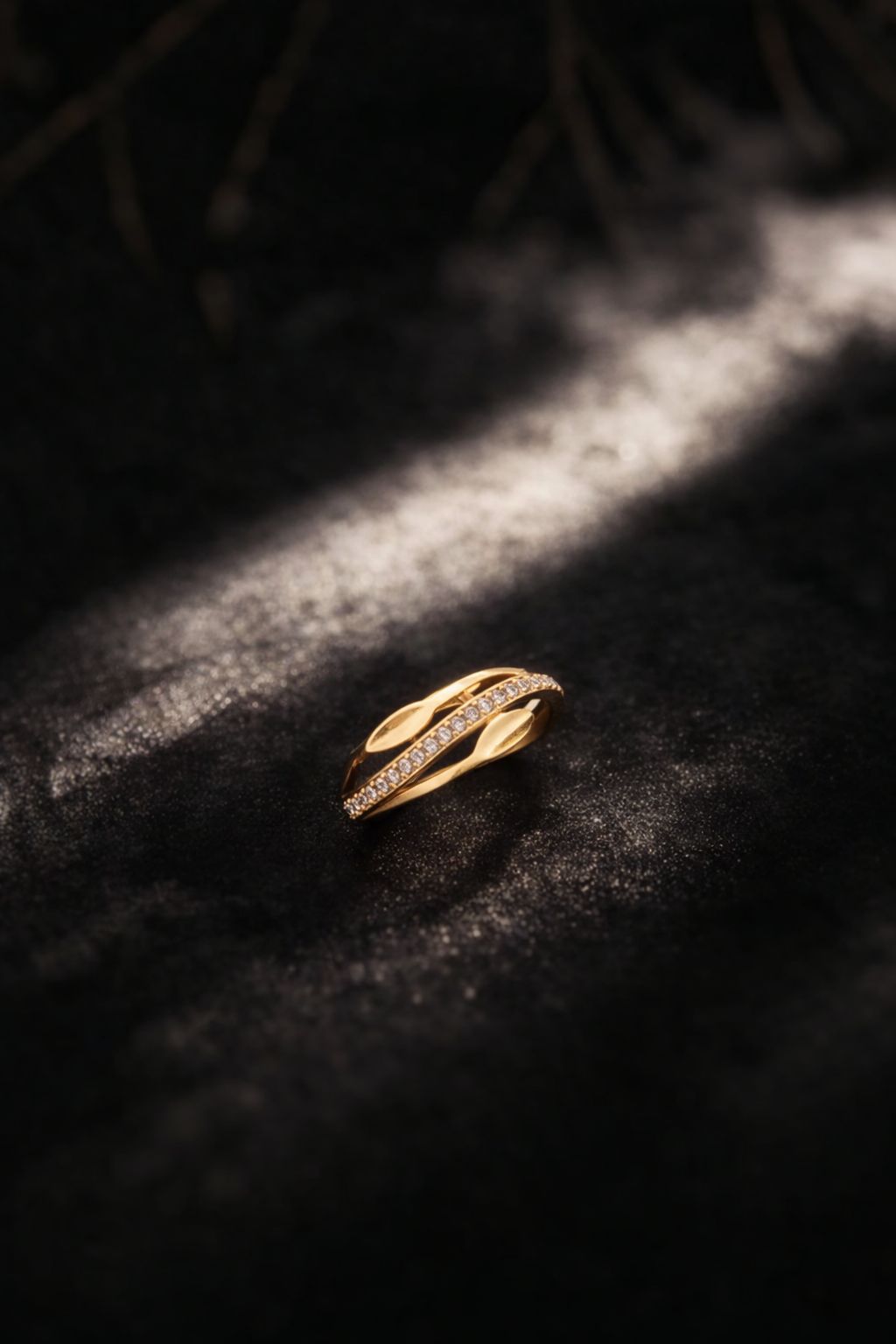 Modern Wave Design Gold Ring with Diamond Accent Band
