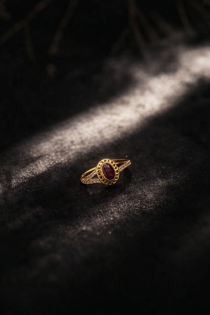 Elegant Oval Ruby Stone Gold Ring with Diamond Accent Band
