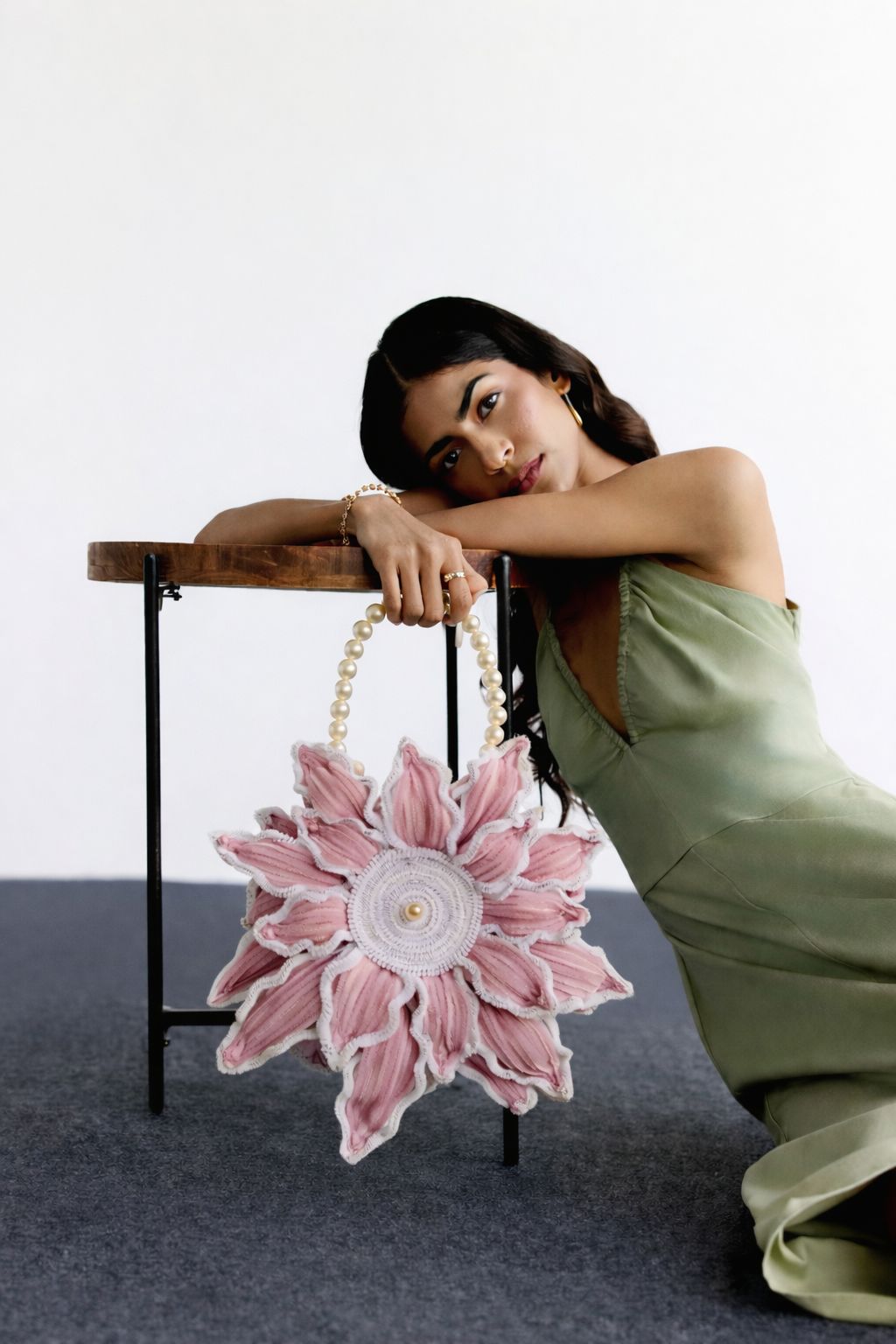 Elegant Pink Floral Handcrafted Pearl Handle Bag