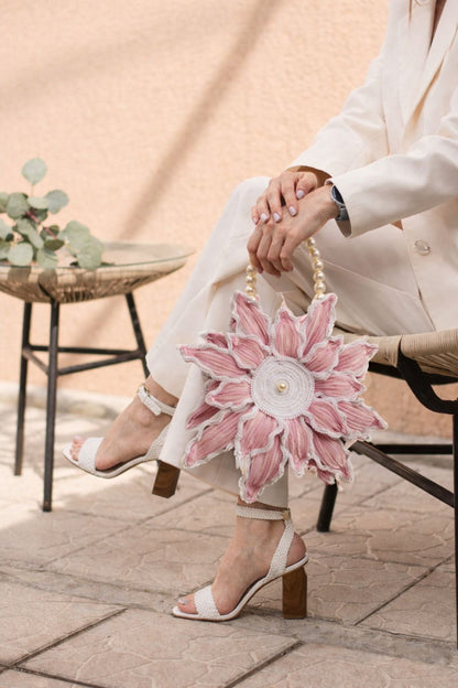Elegant Pink Floral Handcrafted Pearl Handle Bag