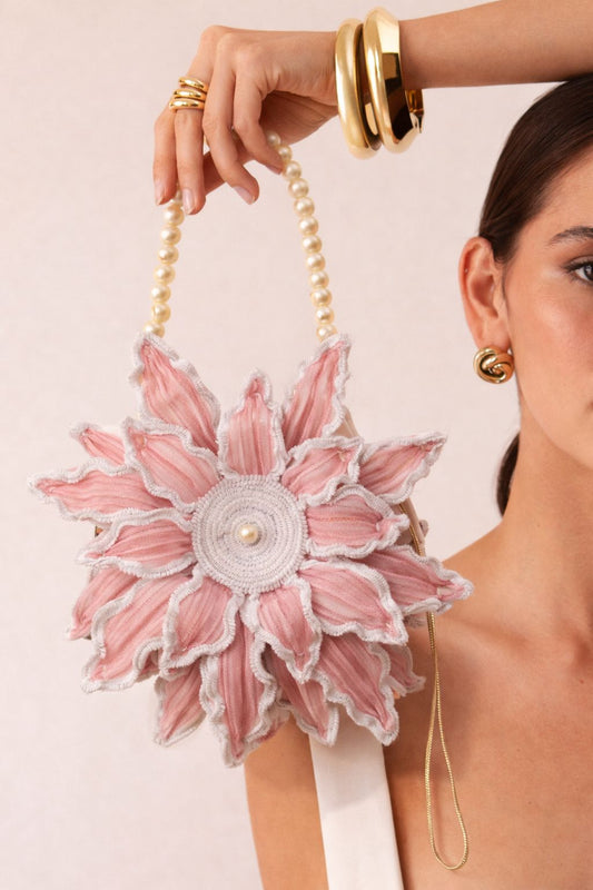 Elegant Pink Floral Handcrafted Pearl Handle Bag
