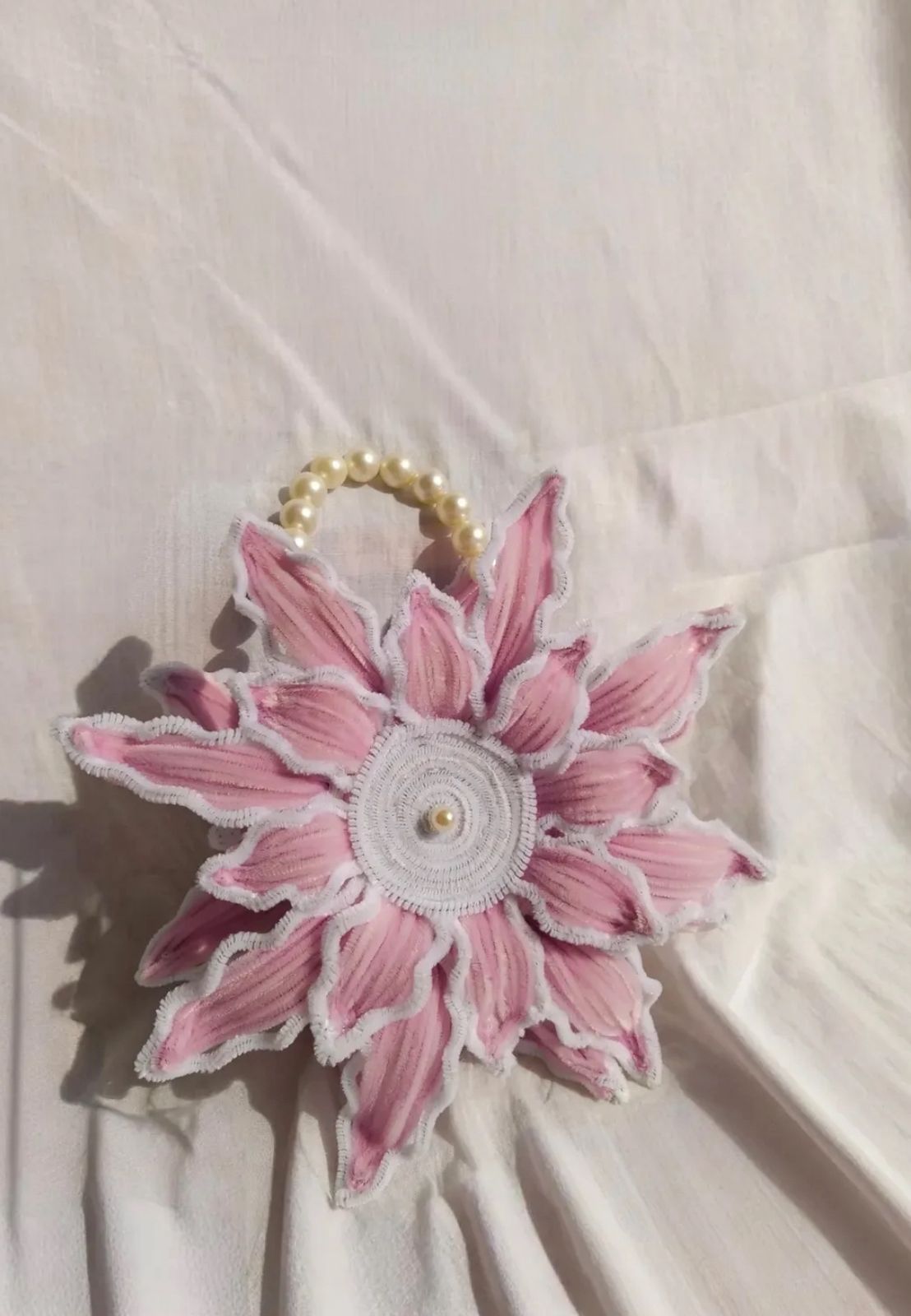 Elegant Pink Floral Handcrafted Pearl Handle Bag